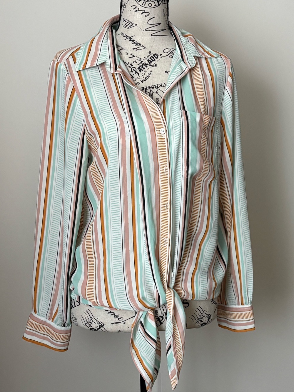 Rachel Zoe Striped Tie-Front Blouse in Mint, Peach & Cream